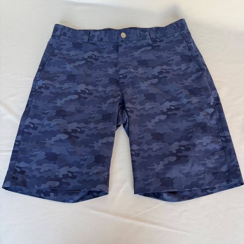 Peter Millar Mens 33 Blue Camo Performance Golf Shorts Flat Front Camouflage